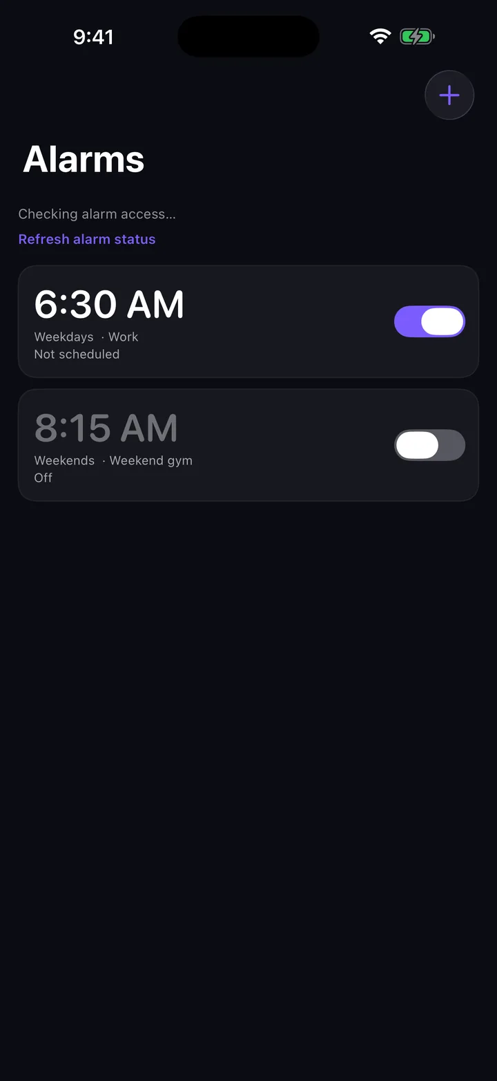 Drifta Alarms screen with a 6:30 AM weekday alarm turned on and an 8:15 AM weekend alarm turned off.