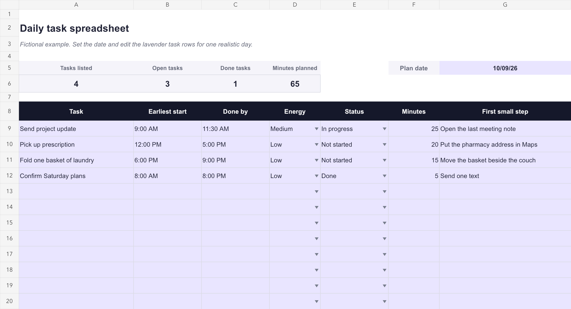 Preview of the daily task spreadsheet with a plan date, time windows, energy, status, minutes, and first small steps.
