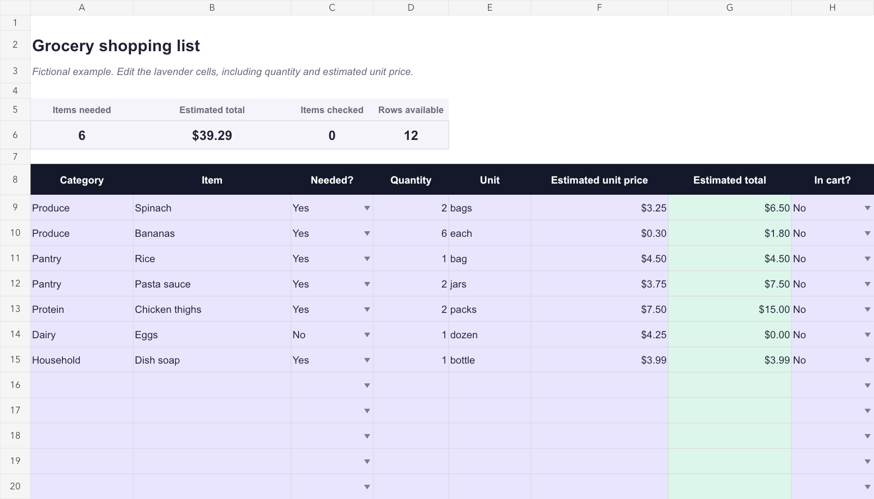 Preview of the editable grocery shopping list spreadsheet with fictional example items and a running estimated total.