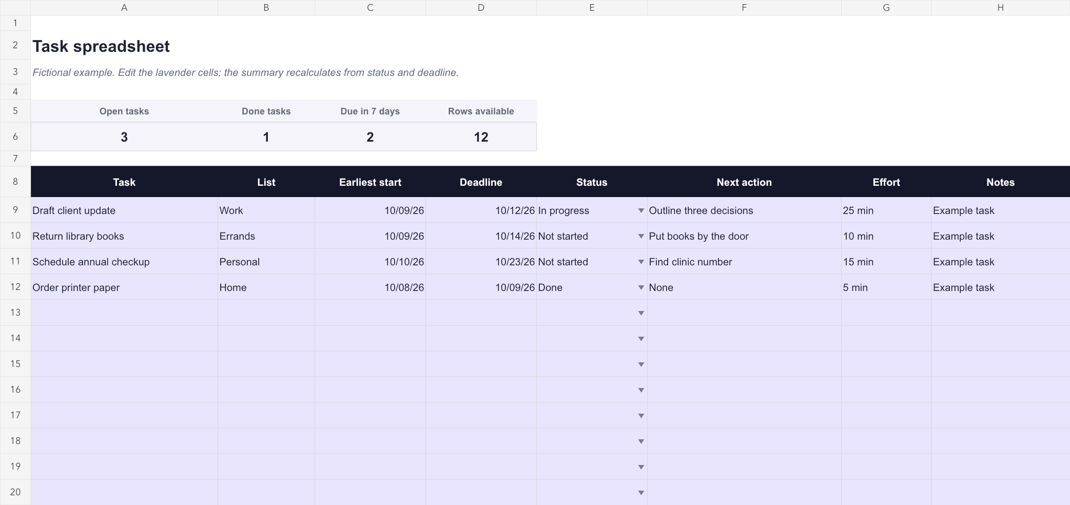 Preview of the editable task spreadsheet with fictional tasks, dates, statuses, next actions, and a formula summary.