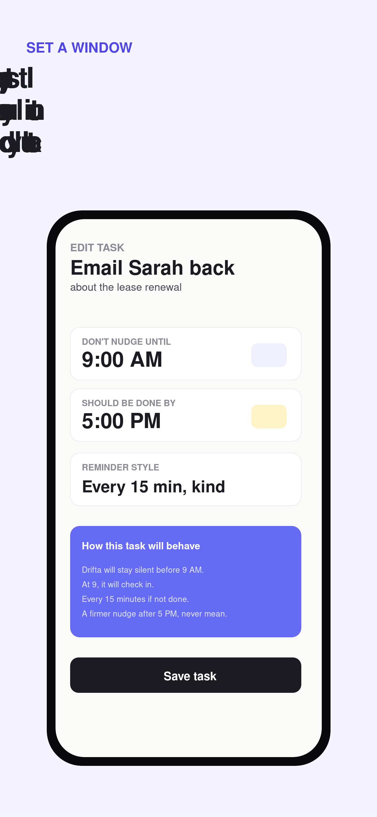 Drifta task list with time windows